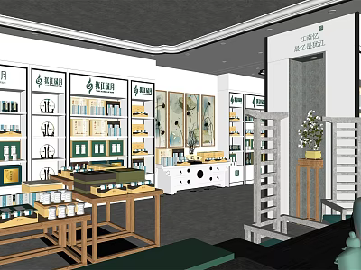 Specialty Store Interior With Shelves Displaying Products And Wooden Tables 3d model