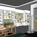 Specialty Store Interior With Shelves Displaying Products And Wooden Tables
