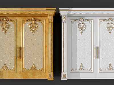 Elegant Gold And White Double Doors With Ornate Carvings And Decorative Handles 3d model