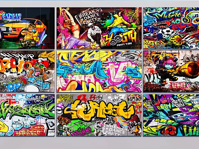 Vibrant Colorful Urban Graffiti Wall Featuring Street Art Mural Design Elements 3d model