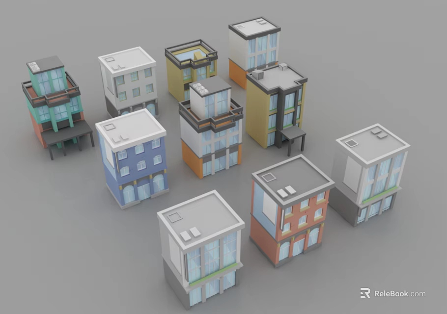 Cartoon Style Small Houses With Various Colors And Different Architectural Designs 3d model 
