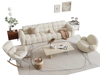 Contemporary Beige Sofa and Coffee Table Set with Throw Pillows Accent Chairs Living Room Decor 3d model