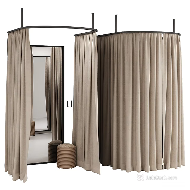 Stylish Walk in Closet Interior With Beige Curtains Mirror And Stacked Stools 3d model 