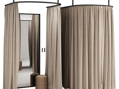 Stylish Walk in Closet Interior With Beige Curtains Mirror And Stacked Stools 3d model