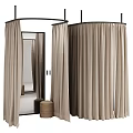 Stylish Walk in Closet Interior With Beige Curtains Mirror And Stacked Stools
