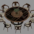 Luxurious Round Dining Table With Eight Upholstered Chairs Marble Top And Plant Centerpiece