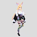 Woman With Rabbit Ears Blonde Hair Wearing Black Coat White Top Rainbow Elements Striped Stockings