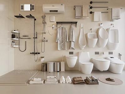 Complete Modern Bathroom Set With Shower Fixtures Towel Racks Toilets And Storage Accessories 3d model