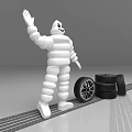 Stacked Black Tires With Waving Inflatable Figure In Display Scene 3d model