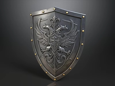 Vintage Medieval Metal Shield With Embossed Double Headed Eagle Pattern And Golden Rivet Decoration 3d model