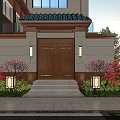 Traditional Chinese Style Detached Villa With Green Tiled Roof Brown Door And Colorful Shrubs