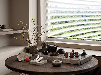Traditional Tea Set on Round Wooden Table with Plum Branch Stone and Window Green View 3d model