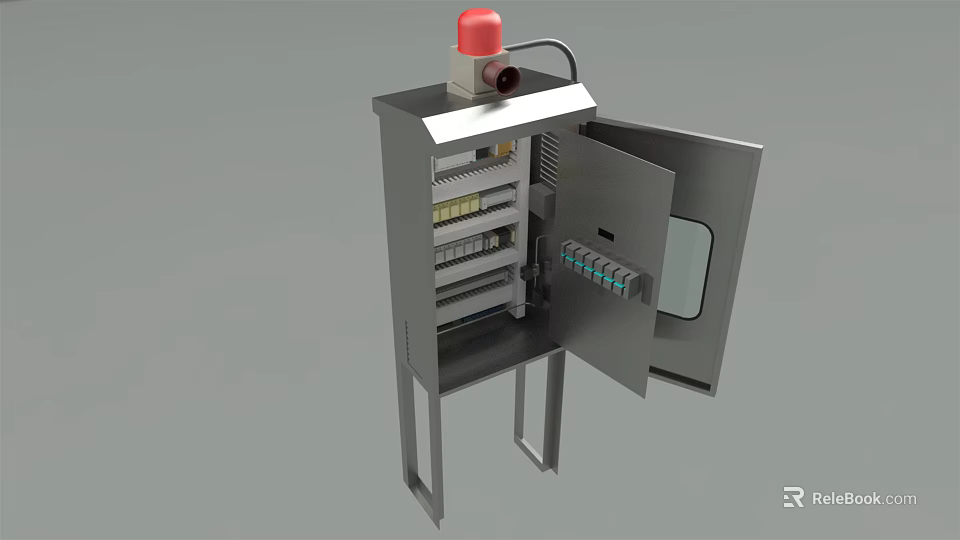 Industrial Equipment Metal Cabinet With Open Door Internal Wiring Terminal Blocks And Red Warning Light 3d model 
