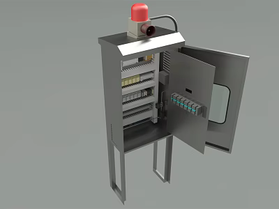 Industrial Equipment Metal Cabinet With Open Door Internal Wiring Terminal Blocks And Red Warning Light 3d model