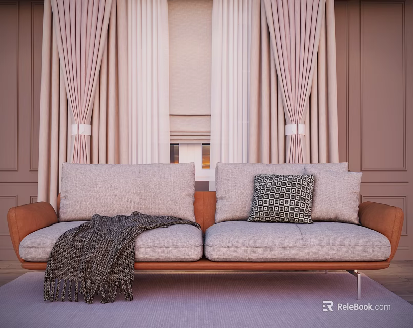 Modern Two Seater Sofa with Light Gray Cushions Brown Armrests Throw Blanket and Pink Curtains 3d model 