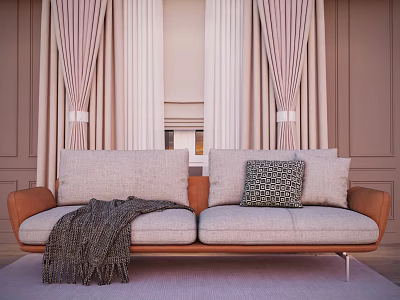 Modern Two Seater Sofa with Light Gray Cushions Brown Armrests Throw Blanket and Pink Curtains 3d model