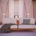 Modern Two Seater Sofa with Light Gray Cushions Brown Armrests Throw Blanket and Pink Curtains