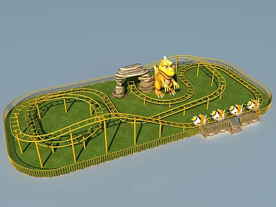 Amusement Ride with Yellow Track Dinosaur Figure and Small Animal Shaped Cars on Grass 3d model