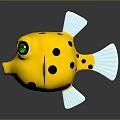 Yellow Pufferfish Character and Marine Creature Design with Black Spots White Fins and Green Eyes