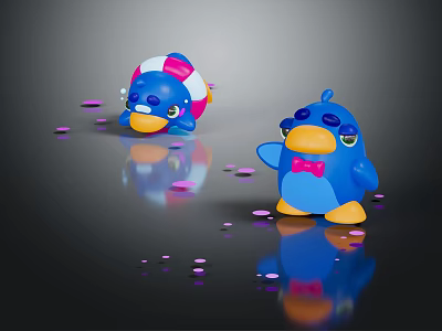 Two Blue Cartoon Characters With Lifebuoy Bow Tie On Reflective Ground And Pink Confetti 3d model