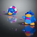 Two Blue Cartoon Characters With Lifebuoy Bow Tie On Reflective Ground And Pink Confetti