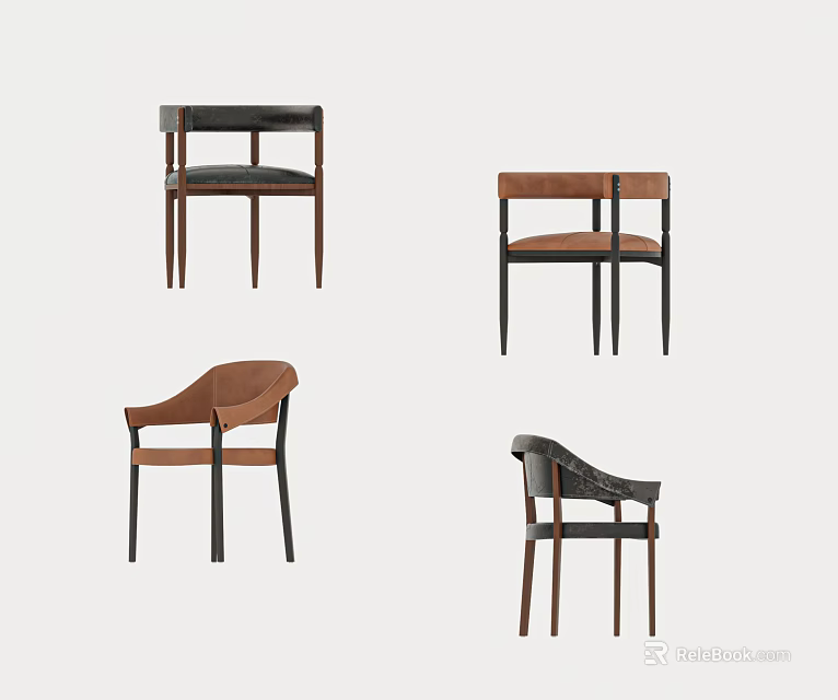Modern Dining Chairs with Leather Seats and Wooden Frames in Various Styles 3d model 