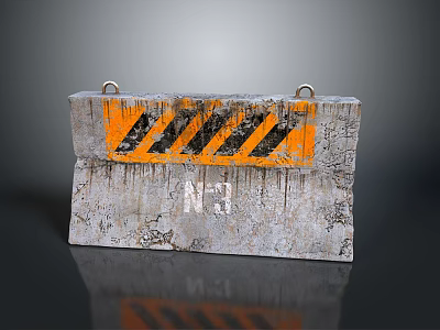 Concrete Barrier With Orange Black Stripes And Metal Rings On Worn Surface 3d model