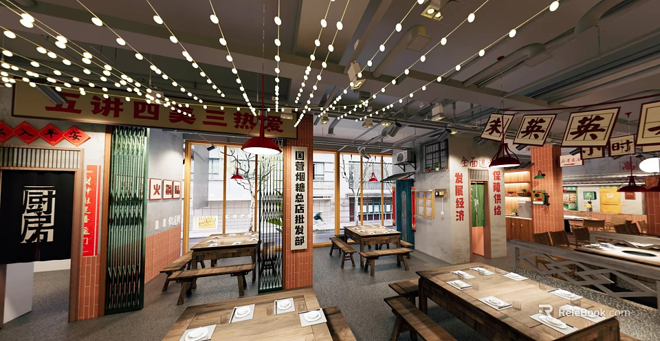 Traditional Sichuan Hot Pot Restaurant Interior With Wooden Tables Benches And String Lights 3d model 