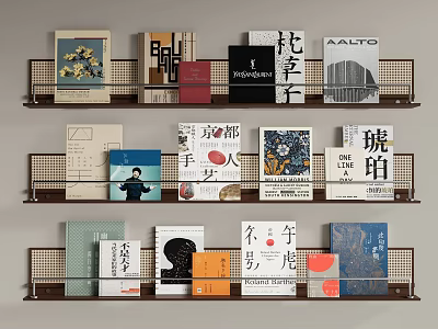 Stylish Bookcase with Various Colorful Book Covers Arranged Neatly on Wooden Shelves 3d model