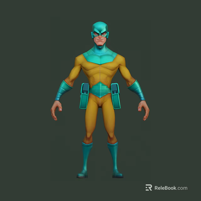 Game And Movie Character In Yellow And Blue Costume With Helmet And Utility Belt 3d model 
