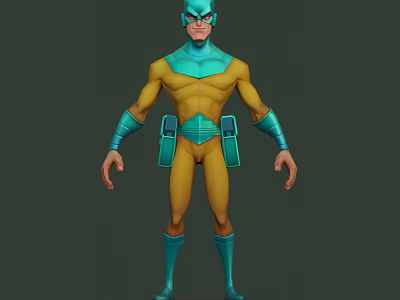 Game And Movie Character In Yellow And Blue Costume With Helmet And Utility Belt 3d model