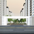 Modern Entrance Gate With Marble Structure And Greenery Near High-Rise Buildings