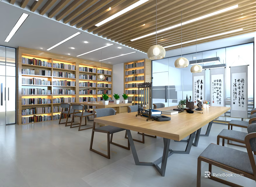 Modern Book Art Interior With Wooden Bookshelves Long Table Chairs Pendant Lights And Plants 3d model 