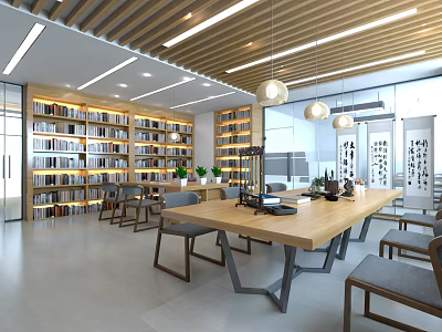 Modern Book Art Interior With Wooden Bookshelves Long Table Chairs Pendant Lights And Plants 3d model