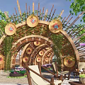 Rural Landscape with Archway Vines Circular Decorations Flower Beds Tables Chairs and Stone Path
