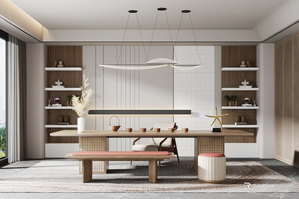 Modern Minimalist Tea Room Interior With Wooden Table Hanging Lights And Tea Sets On Shelves 3d model 