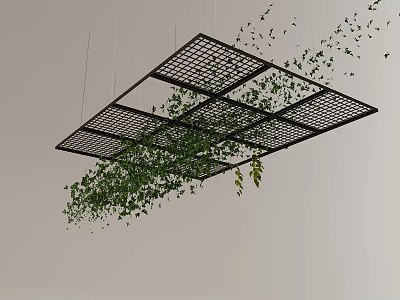 Modern Interior Ceiling Design with Black Grid Structure and Hanging Green Plants 3d model