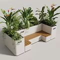 Outdoor Bench With Wooden Seat And White Planters Filled With Green Plants And Orange Flowers