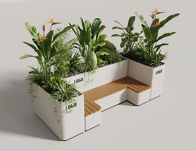 Outdoor Bench With Wooden Seat And White Planters Filled With Green Plants And Orange Flowers 3d model