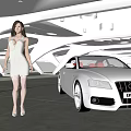 White Electric Audi Car With Woman In White Dress In Modern Garage