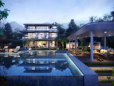 Modern Detached Villa with Swimming Pool Surrounded by Trees Mountains and Outdoor Lounge Area 3d model