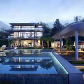 Modern Detached Villa with Swimming Pool Surrounded by Trees Mountains and Outdoor Lounge Area