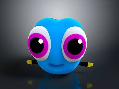 Cartoon Character And Cute Creature With Blue Body Big Pink Eyes And Yellow Antennae 3d model