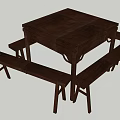 Dark Rustic Wooden Square Dining Table Set With Matching Benches 3d model