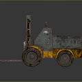 Vintage Rustic Forklift With Green Yellow Body Large Rusted Wheels And Metal Forks