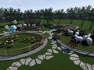 Park Landscape With Green Grass Stone Pathways White Sheep And Trees In Fenced Areas 3d model