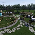 Park Landscape With Green Grass Stone Pathways White Sheep And Trees In Fenced Areas