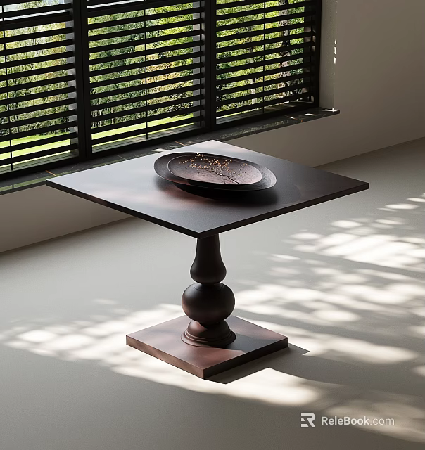 Dark Square Side Table With Pedestal Base Topped With Plate Near Window Sunlight And Shadows 3d model 
