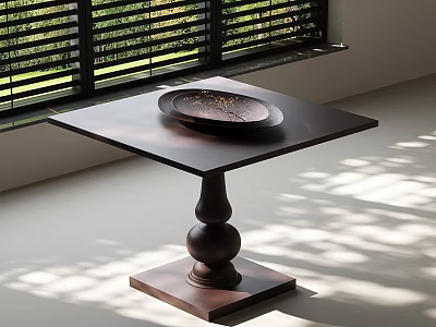 Dark Square Side Table With Pedestal Base Topped With Plate Near Window Sunlight And Shadows 3d model