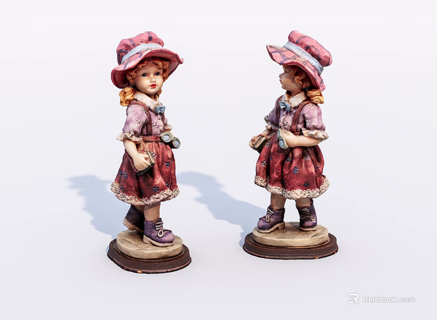 Decorative Girl Figurine Set With Pink Hats Dresses And Brown Bases 3d model 